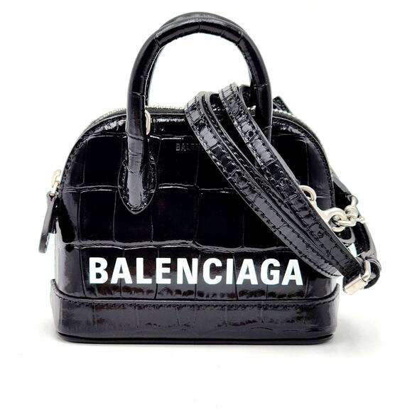 Balenciaga Handbags - BALENCIAGA Black Calfskin Logo Crocodile Embossed Mini Ville Top Handle Bag XXS